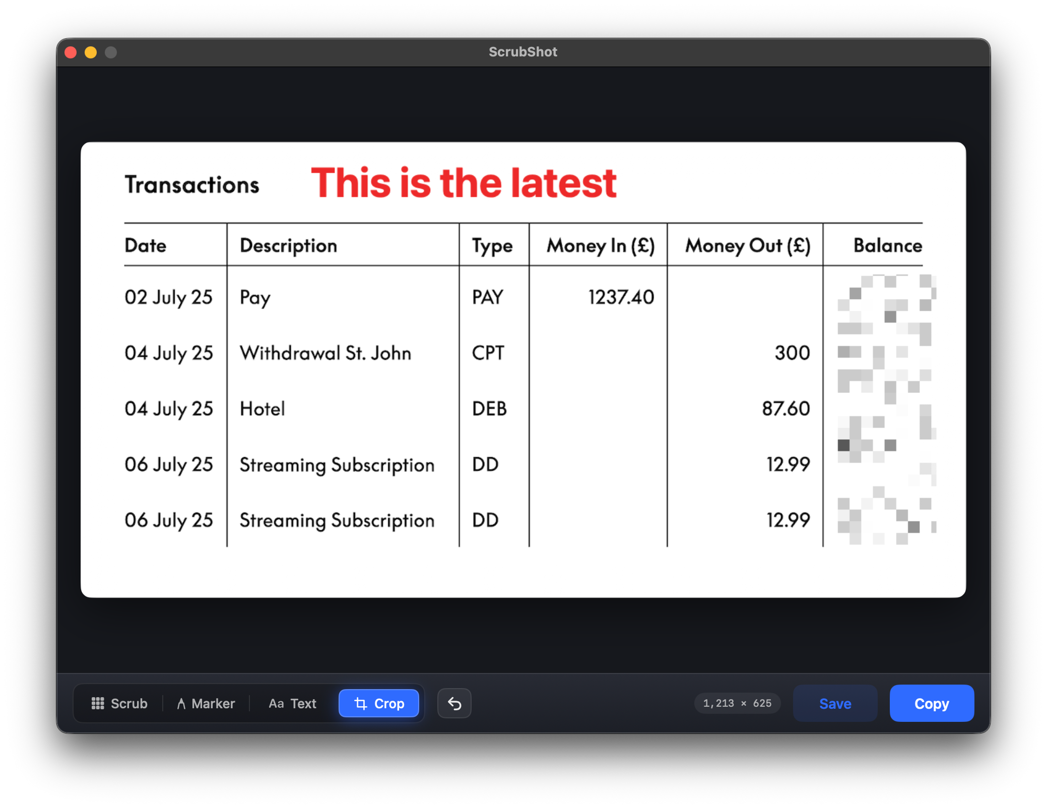The editor cropped down to just the transactions table, the Crop tool selected.
