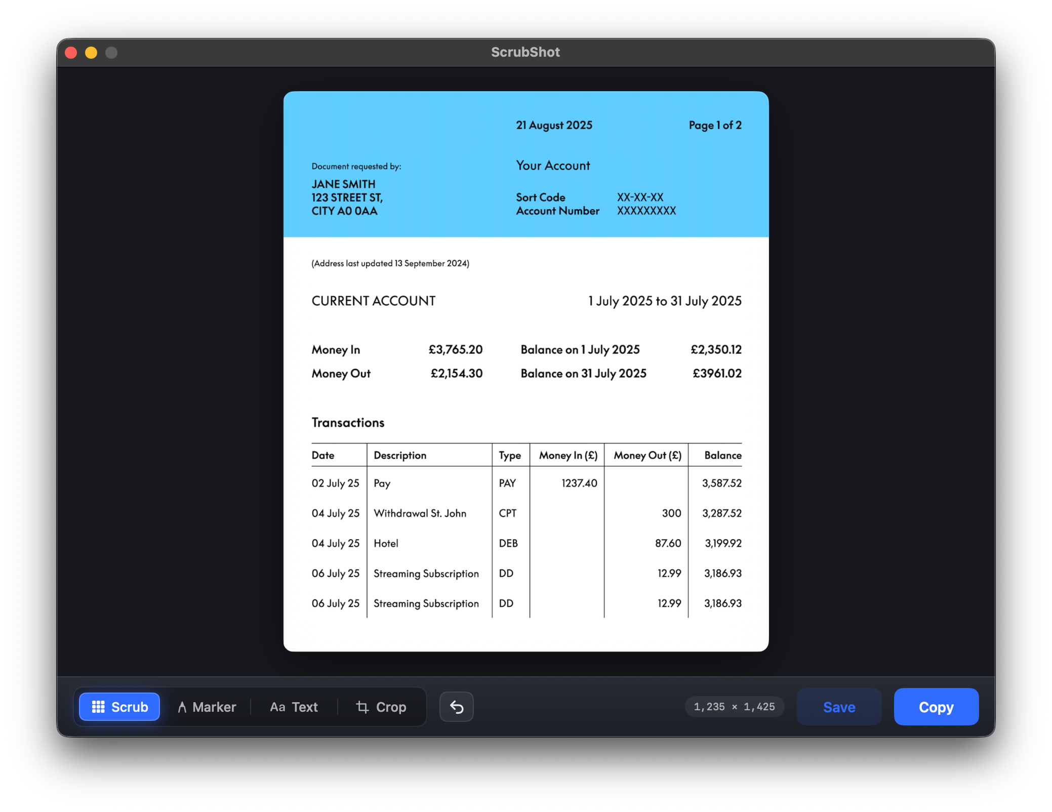 The ScrubShot editor showing a captured bank statement, with the Scrub, Marker, Text and Crop tools and Save and Copy buttons along the bottom.
