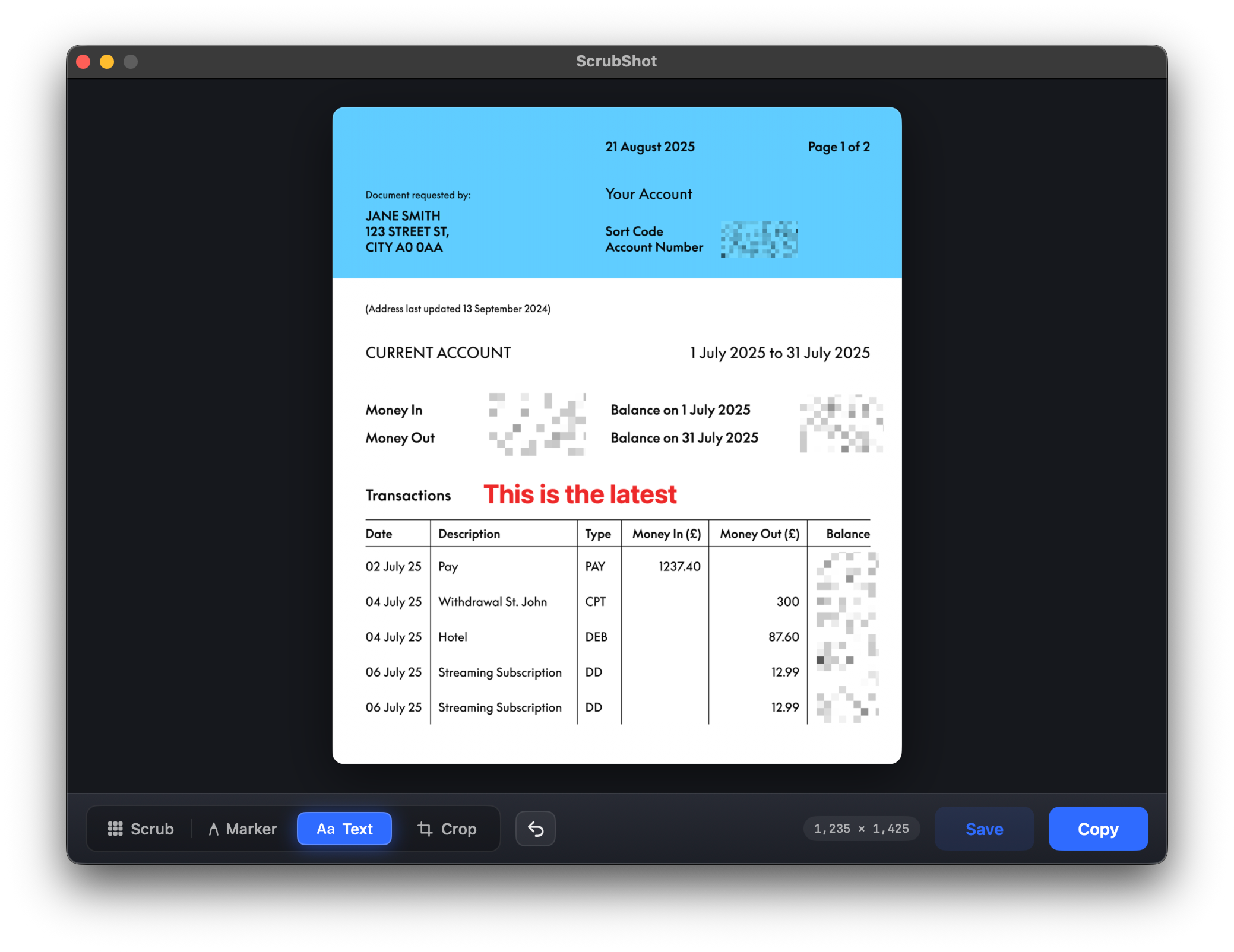 The statement with the red caption "This is the latest" added above the transactions, the Text tool selected.